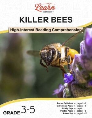 This is the title page for the Killer Bees lesson plan. The main image is a close-up photo of a bee and a purple flower. The orange Learn Bright logo is at the top of the page.
