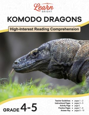 This is the title page for the Komodo Dragons lesson plan. The main image is a close-up photo of a Komodo dragon with its tongue slightly out. The orange Learn Bright logo is at the top of the page.