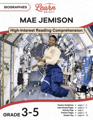 This is the title page for the Mae Jemison lesson plan. The main image is of Mae Jemison floating inside the space shuttle. The orange Learn Bright logo is at the top of the page.