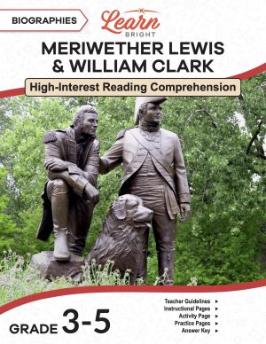 This is the title page for the Meriwether Lewis and William Clark lesson plan. The main image is of a statue of the two explorers. The orange Learn Bright logo is at the top of the page.