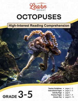 This is the title page for the Octopuses lesson plan. The main image is of an octopus with tangled tentacles at the bottom of the ocean. The orange Learn Bright logo is at the bottom of the page.
