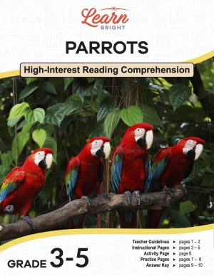 This is the title page for the Parrots lesson plan. The main image is of four red parrots sitting on a branch in a tree. The orange Learn Bright logo is at the top of the page.