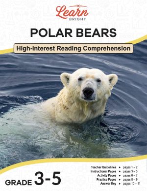 This is the title page for the Polar Bears lesson plan. The main image is of a polar bear in the water, looking at the camera. The orange Learn Bright logo is at the top of the page.