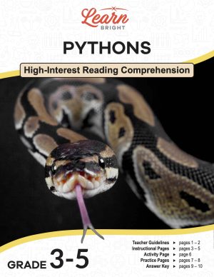 This is the title page for the Pythons lesson plan. The main image is of a python facing the camera with its tongue out. The orange Learn Bright logo is at the top of the page.