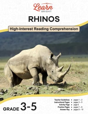 This is the title page for the Rhinos lesson plan. The main image is of a rhino grazing. The orange Learn Bright logo is at the top of the page.