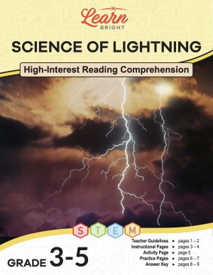 This is the title page for the Science of Lightning STEM lesson plan. The main image is of a stormy sky with lightning coming from the clouds. The orange Learn Bright logo is at the top of the page.