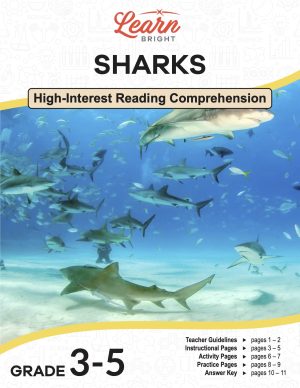 This is the title page for the Sharks lesson plan. The main image is a photo of a group of sharks swimming in the ocean. The orange Learn Bright logo is at the top of the page.