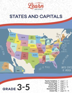 This is the title page for the States and Capitals lesson plan. There is a picture of the USA divided by states. The states all have their two-letter abbreviation. The orange Learn Bright logo is at the top of the page.