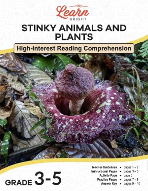 This is the title page for the Stinky Animals and Plants lesson plan. The main image is of a purple corpse flower with yellow dots. The orange Learn Bright logo is at the top of the page.