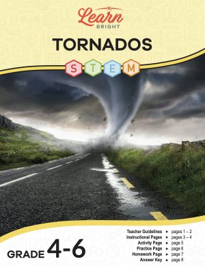 This is the title page for the Tornados STEM lesson plan. The main image is of a tornado in the middle of a road. The orange Learn Bright logo is at the top of the page.