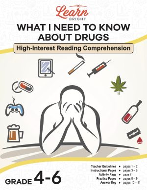 This is the title page for the What I Need to Know about Drugs lesson plan. The main image is an illustration of a person with their hands on their head and floating icons around them. The orange Learn Bright logo is at the top of the page.