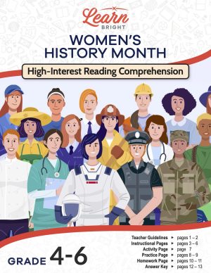 This is the title page for the Women's History Month lesson plan. The main image is an illustration of women wearing different uniforms to represent various roles or careers, such as astronaut, military, police officer, and doctor. The orange Learn Bright logo is at the top of the page.