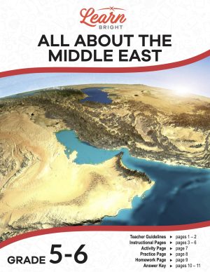 This is the title page for the All about the Middle East lesson plan. The main image is an illustration of an aerial view of the region as if from space so you can see the geography of the region. The orange Learn Bright logo is at the top of the page.