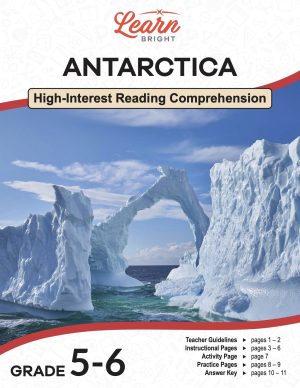 This is the title page for the Antarctica lesson plan. The main image shows a photo of an ice arch somewhere in Antarctica. The orange Learn Bright logo is at the top of the page.