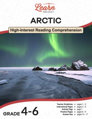 This is the title page for the Arctic lesson plan. The main image is a photo of the Northern Lights from somewhere in the Arctic region. The orange Learn Bright logo is at the top of the page.