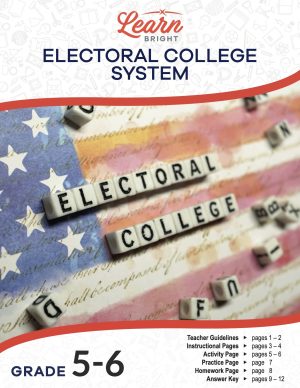 This is the title page for the Electoral College System lesson plan. The main image is of the US flag with an overlay of the text from the Constitution. There is a grouping of blocks that spell out "Electoral College" in the middle.