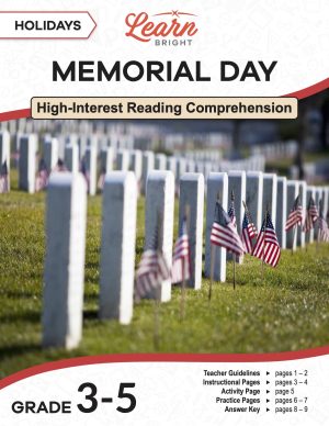 This is the title page for the Holidays: Memorial Day lesson plan. The main image is of a cemetery with American flags in front of the headstones. The orange Learn Bright logo is at the top of the page.