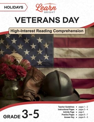 This is the title page for the Holidays: Veterans Day lesson plan. The main image is of a US flag with flowers, boots, and a military helmet in front of it. The orange Learn Bright logo is at the top of the page.