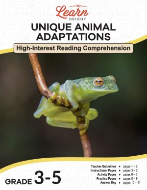 This is the title page for the Unique Animal Adaptations lesson plan. The main image is of a glass frog clinging to a twig. The orange Learn Bright logo is at the top of the page.