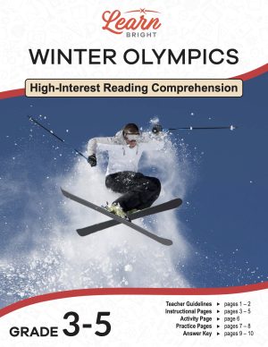 This is the title page for the Winter Olympics lesson plan. The main image is of a skier jumping off a snowy cliff. The orange Learn Bright logo is at the top of the page.