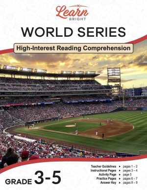 This is the title page for the World Series lesson plan. The main image is of a baseball stadium with tons of fans watching a game. The orange Learn Bright logo is at the top of the page.