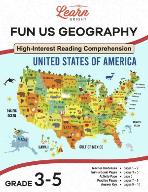 This is the title page for the Fun US Geography lesson plan. The main image is a map of the US with different animals and landmarks dotting the states. The orange Learn Bright logo is at the top of the page.