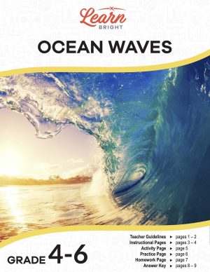 This is the title page for the Ocean Waves lesson plan. The main image is of a wave with the sunset in the background. The orange Learn Bright logo is at the top of the page.