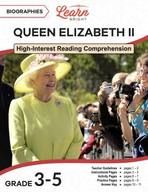 This is the title page for the Biographies: Queen Elizabeth II lesson plan. The main image is of Queen Elizabeth II in a green dress greeting people. The orange Learn Bright logo is at the top of the page.