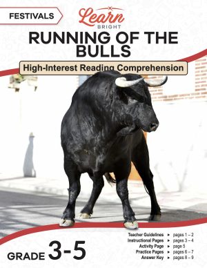 This is the title page for the Running of the Bulls Festival lesson plan. The main image is of a bull in the middle of a street. The orange Learn Bright logo is at the top of the page.