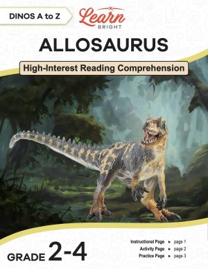 This is the title page for the Dinos A to Z: Allosaurus lesson plan. The main image is of a toy allosaurus superimposed on a dark forest background. The orange Learn Bright logo is at the top of the page.