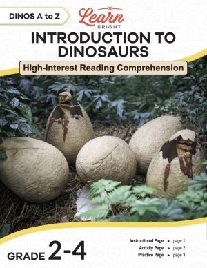 This is the title page for the Dinos A to Z: Introduction to Dinosaurs lesson plan. The main image is a realistic illustration of dinosaurs hatching from eggs. The orange Learn Bright logo is at the top of the page.
