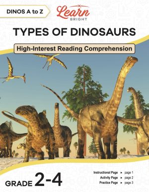 This is the title page for the Dinos A to Z: Types of Dinosaurs lesson plan. The main image is a picture of a bunch of different dinosaurs. The orange Learn Bright logo is at the top of the page.