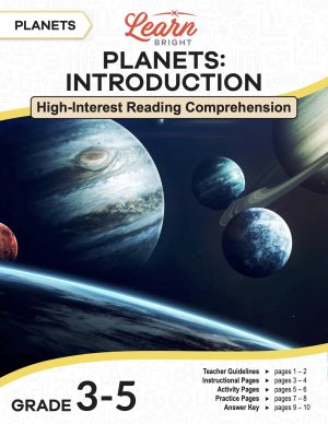 This is the title page for the Planets: Introduction lesson plan. The main image is an illustration of various planets in the solar system in close together. The orange Learn Bright logo is at the top of the page.