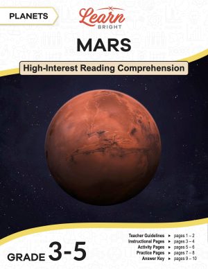 This is the title page for the Planets: Mars lesson plan. The main image is of Mars with a dark, outer-space background. The orange Learn Bright logo is at the top of the page.