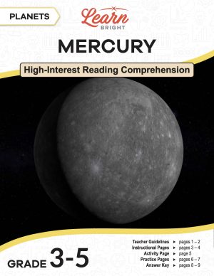 This is the title page for the Planets: Mercury lesson plan. The main image is of Mercury. The orange Learn Bright logo is at the top of the page.