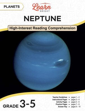 This is the title page for the Planets: Neptune lesson plan. The main image is of the planet Neptune on a dark background. The orange Learn Bright logo is at the top of the page.