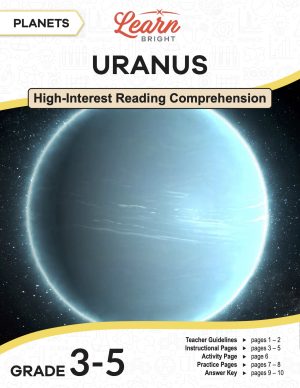 This is the title page for the Planets: Uranus lesson plan. The main image is of Uranus. The orange Learn Bright logo is at the top of the page.