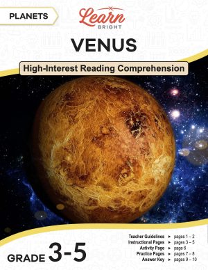 This is the title page for the Planets: Venus lesson plan. The main image is an illustrative photo of Venus. The orange Learn Bright logo is at the top of the page.