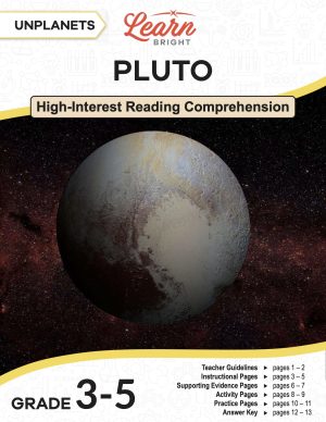 This is the title page for the UnPlanets: Pluto lesson plan. The main image is of the planet Pluto. The orange Learn Bright logo is at the top of the page.