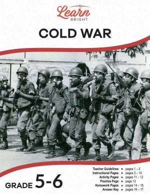 This is the title page for the Cold War lesson plan. The main image is a black and white photo of soldiers with masks walking down a street. The orange Learn Bright logo is at the top of the page.