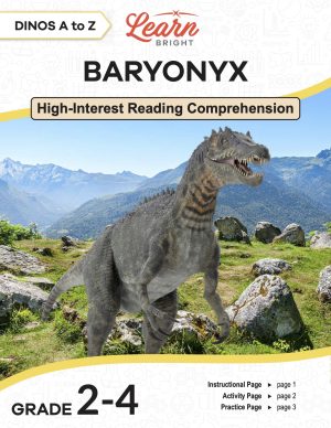 This is the title page for the Dinos A to Z: Baryonyx lesson plan. The main image is of a baryonyx toy superposed onto a rocky, grassy photo. The orange Learn Bright logo is at the top of the page.
