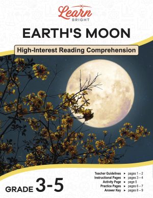 This is the title page for the Earth's Moon lesson plan. The main image is of a bright full moon behind some flowery branches. The orange Learn Bright logo is at the top of the page.