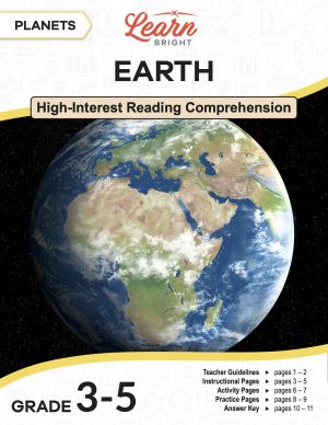 This is the title page for the Planets: Earth lesson plan. The main image is of Earth, featuring primarily Africa, Europe, and part of Asia. The orange Learn Bright logo is at the top of the page.