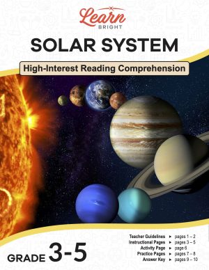 This is the title page for the Solar System lesson plan. The main image is of the planets in a curved line from closest to farthest from the sun. The orange Learn Bright logo is at the top of the page.