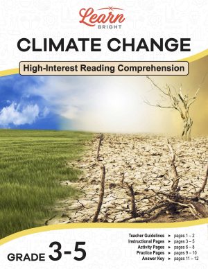 This is the title page for the Climate Change lesson plan. The main image is an illustration that shows a green, healthy field on one side and a dry and dying field on the other. The orange Learn Bright logo is at the top of the page.