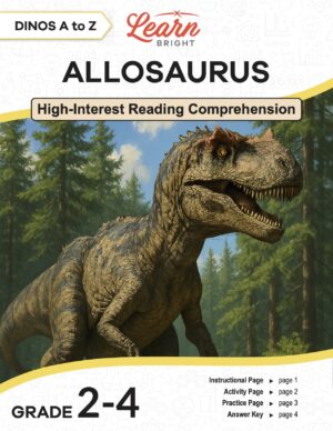 This is the title page for the Dinos A to Z: Allosaurus lesson plan. The main image is of an allosaurus superimposed on a dark forest background. The orange Learn Bright logo is at the top of the page.