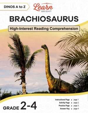 This is the title page for the Dinos A to Z: Brachiosaurus lesson plan. The main image is of a brachiosaurus against a sunset background. The orange Learn Bright logo is at the top of the page.