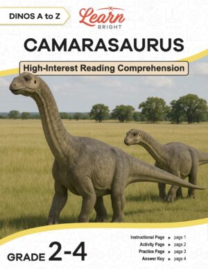 This is the title page for the Dinos A to Z: Camarasaurus lesson plan. The main image is of this dinosaur looking over vast plains. The orange Learn Bright logo is at the top of the page.