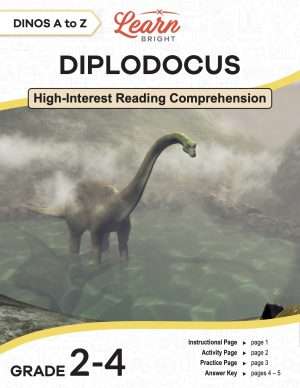 This is the title page for the Dinos A to Z: Diplodocus lesson plan. The main image is of a diplodocus walking in water. The orange Learn Bright logo is at the top of the page.