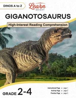 This is the title page for the Dinos A to Z: Giganotosaurus lesson plan. The main image is of a giganotosaurus with a forest background. The orange Learn Bright logo is at the top of the page.